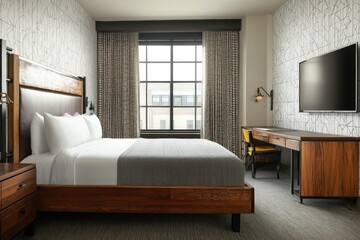 Modern hotel room with king bed, large window, and workspace.