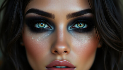 Fierce and dramatic black smokey eye makeup with striking green eyes