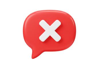 Obraz premium 3D illustration of a red speech bubble icon with a white X mark inside symbolizing an error
