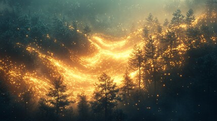 Fototapeta premium A glowing forest with trees emitting soft, pulsing energy waves