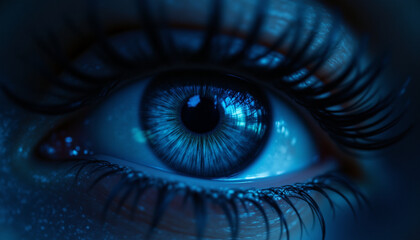 Fototapeta premium close up of mesmerizing blue eye with long eyelashes and shimmering details