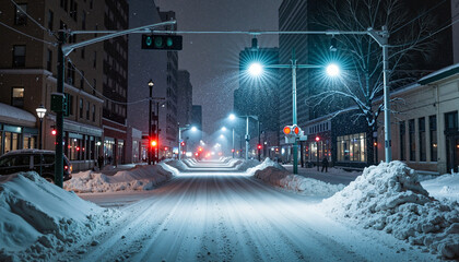 Fototapeta premium Quiet urban street after snowstorm with flickering lights, winter calmness