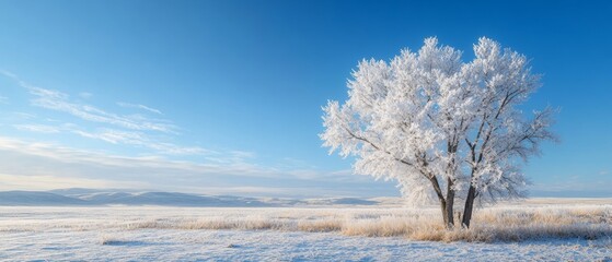 Winter's Icy Breath: Frosted Tree in Snowy Field 