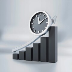3D render of a modern clock icon positioned atop a rising bar graph &ndash; Great for finance, success metrics, or data visualization content.