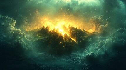 A glowing island floating in a sea of pulsating energy mist