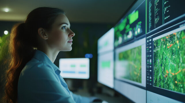 Focused woman monitoring geospatial data and code on a multi screen display in a modern control room environment for data analysis and security