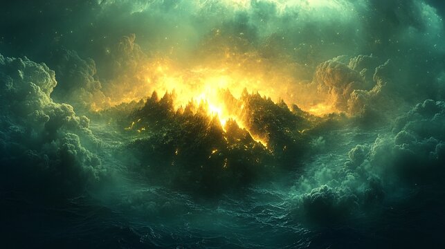 A glowing island floating in a sea of pulsating energy mist