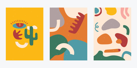 A collection of three abstract backgrounds . Hand drawing various shapes and doodle objects. Trendy modern contemporary vector illustration. Aesthetic abstract wall decoration poster.