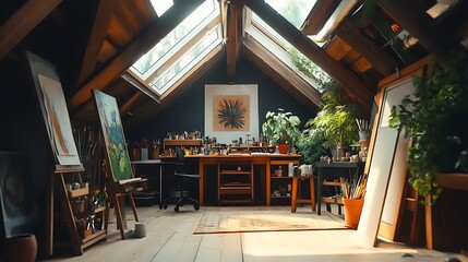 Fototapeta premium Bright Art Studio Under Skylights with Paintings and Plants