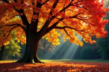 Autumnal Majesty A Solitary Tree Bathed in Golden Sunlight, Surrounded by a Carpet of Fallen Leaves in a Serene Forest Setting