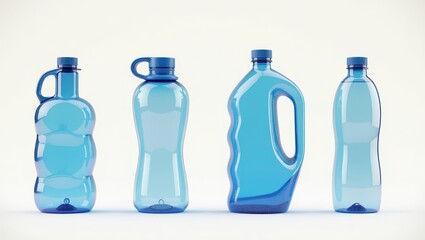 Four Blue Plastic Water Bottles Various Shapes and Sizes Studio Shot
