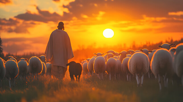 Biblical scene depicting a shepherd guiding a flock of sheep into the golden sunset light