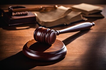 Obraz premium Close up of a wooden gavel or mallet on a courtroom desk, detailed, focused, dramatic lighting.
