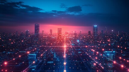 Fototapeta premium A cyberpunk city skyline with glowing digital energy networks