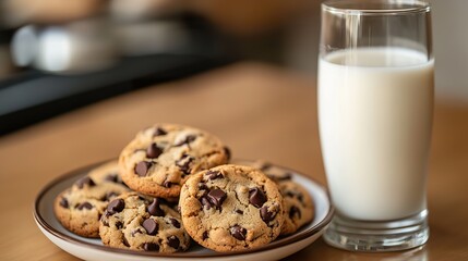 A plate of warm chocolate chip cookies next to a tall glass of milk, soft and inviting warm tones