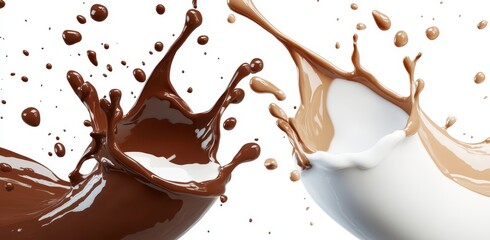 Dynamic Splash of Brown and White Liquid Forming Artistic Patterns in Mid-Air Against a Crisp White Background