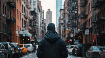 Man in dark jacket walking down a city street urban landscape hat cold hood grey view town black