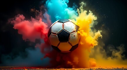 Fototapeta premium Colorful explosion surrounds a soccer ball kicked in mid-air during a dynamic sports event
