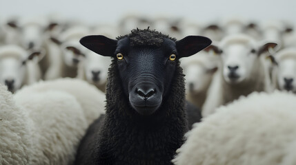 Bold black sheep standing out amongst fluffy white flock in a close conceptual portrait