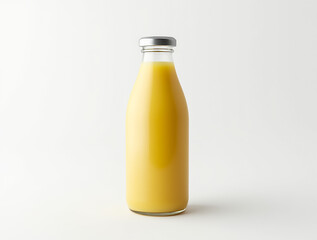 A glass bottle filled with vibrant yellow tropical juice sits against a plain light background, showcasing its refreshing color and inviting appearance.