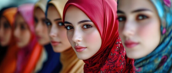 Obraz premium Group of beautiful young women wearing colorful hijabs, showcasing diversity and modern muslim fashion Concept of cultural identity, elegance, and female empowerment