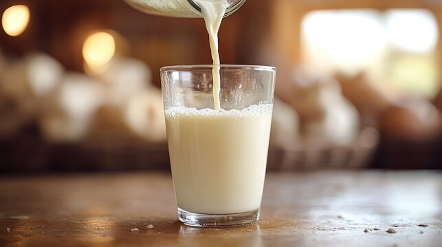  Freshly collected goat’s milk being poured into a glass jug. A steady stream of creamy white milk flows into a rustic container, highlighting its purity.