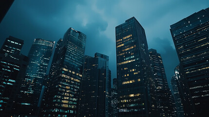 Obraz premium Stunning night view of modern city skyscrapers illuminating the dark blue twilight sky urban scene