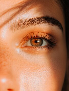 Close-up of a person's eye and face, sunlight highlighting features