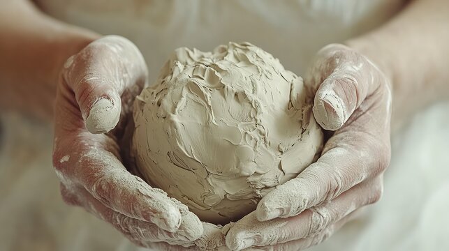  Hands pressing and kneading a ball of clay. A close-up of hands gently shaping a soft, pastel-colored clay ball.