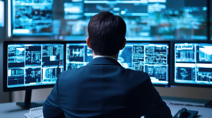 Cybersecurity expert analyzing data on multiple monitors to protect systems and ensure network security in a modern security operations center