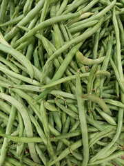 Top-down view of a neatly arranged stack of fresh green beans. Crisp and vibrant green beans laid out in an organized pattern, highlighting their natural texture and freshness.