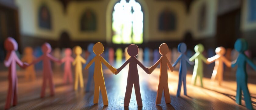 Colorful paper cutout people holding hands in a circle indoors, symbolizing unity, diversity, and community in a church or religious building