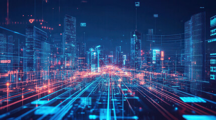 Fototapeta premium Futuristic cityscape with a complex digital network overlay enhancing data flow and connectivity creating a dynamic and interconnected urban environment visualization