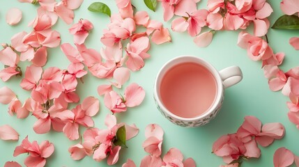 A delicate white ceramic cup, adorned with a floral motif, nestled amidst a scattering of vibrant pink flower petals, resting on a cool mint green surface, exuding an aura of tranquility.