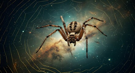 Spider in a cosmic web, blending nature and space with intricate details showcasing the universe's beauty. Generative AI