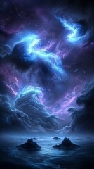 Obraz premium Cosmic clouds, ethereal isles, nebula sky, otherworldly seascape