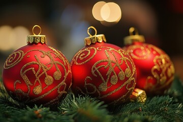 Three red Christmas ornaments with gold musical notes. Perfect for holiday cards, websites, and festive designs.