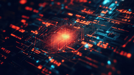 Abstract digital circuit board with glowing connections and data transfer lines creating a high tech and futuristic technological environment visualization