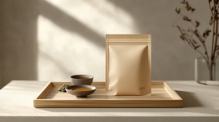 A sophisticated mockup, a wooden tray serving as the stage, showcases an elegant blank tea packaging pouch, its minimalist design hinting at the exquisite yerba mate within.