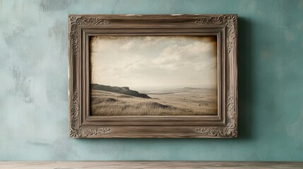 Ornate Frame Landscape: Teal Wall Sepia Fields 