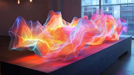 A floating techno-crystal generating waves of pulsating neon light