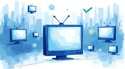 Fototapeta premium A stock illustration that represents the concept of Media transparency in Sky blue and white colors, with Dynamic brushstrokes and metaphors of TV screens and fact-check icons.