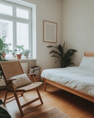 Cozy bedroom interior with wicker chair and plants