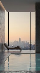 Fototapeta premium Serene indoor pool with skyline views, cityscape panorama and relaxation lounge in a modern high-rise building at sunrise