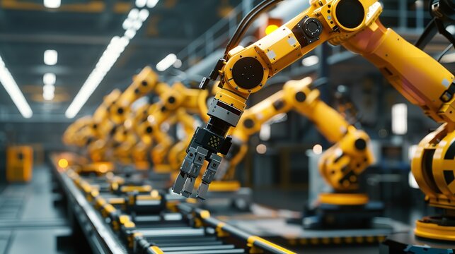 "Modern Industrial Setting with Robotic Arms &ndash; Advanced Manufacturing and Assembly Processes in a Well-Lit Production Facility"