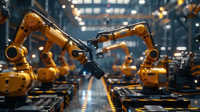 "Modern Industrial Setting with Robotic Arms &ndash; Advanced Manufacturing and Assembly Processes in a Well-Lit Production Facility"
