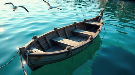Obraz premium Serene wooden rowboat gently floats on calm teal water, two graceful seabirds soar overhead, a tranquil scene of coastal peace and quiet