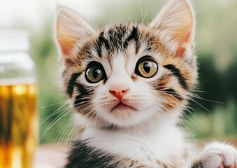 Curious kitten outdoors, blurred background of drink