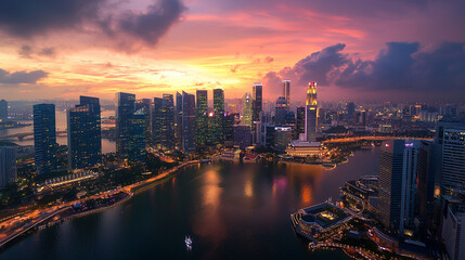 Fototapeta premium Stunning singapore skyline at sunset cityscape view amazing urban night lightscape asia water towers