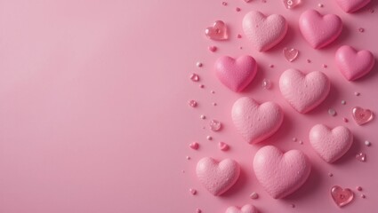 Assorted Sparkling Pink Heart Shaped Macarons on a Soft Pink Background with Decorative Elements